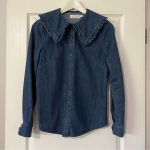 & Other Stories Denim Button-Up Shirt with Ruffled Collar